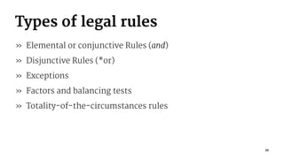 Types of legal rules
» Elemental or conjunctive Rules (and)
» Disjunctive Rules (*or)
» Exceptions
» Factors and balancing tests
» Totality-of-the-circumstances rules
39
 