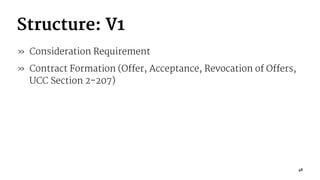 Structure: V1
» Consideration Requirement
» Contract Formation (Offer, Acceptance, Revocation of Offers,
UCC Section 2-207)
48
 