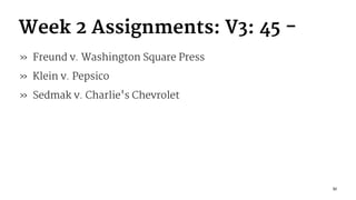 Week 2 Assignments: V3: 45 -
» Freund v. Washington Square Press
» Klein v. Pepsico
» Sedmak v. Charlie's Chevrolet
51
 