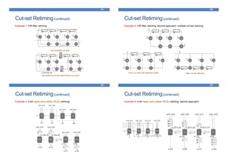 Cut-set Retiming(continued)
Example 1: FIR filter retiming
401
Two possible cut-sets
Re-pipelining across feed-forward cut-set 2
Cut-set Retiming(continued)
Example 2: FIR filter retiming, second approach: multiple cut-set retiming
402
Three cut-sets with feedback paths After cut-set retiming
Cut-set Retiming(continued)
Example 3: 4-bit ripple carry adder (RCA) retiming
403
Cut-set Retiming(continued)
Example 4: 4-bit ripple carry adder (RCA) retiming; second approach
404
 