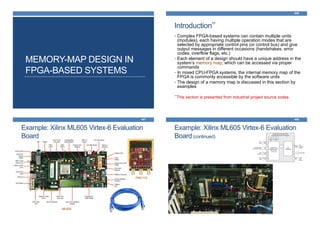 MEMORY-MAP DESIGN IN
FPGA-BASED SYSTEMS
Introduction**
446
• Complex FPGA-based systems can contain multiple units
(modules), each having multiple operation modes that are
selected by appropriate control pins (or control bus) and give
output messages in different occasions (handshakes, error
codes, overflow flags, etc.)
• Each element of a design should have a unique address in the
system’s memory map, which can be accessed via proper
commands
• In mixed CPU-FPGA systems, the internal memory map of the
FPGA is commonly accessible by the software units
• The design of a memory map is discussed in this section by
examples
**This section is presented from industrial project source codes
Example: Xilinx ML605 Virtex-6 Evaluation
Board
447
ML605
FMC110
Example: Xilinx ML605 Virtex-6 Evaluation
Board(continued)
448
 