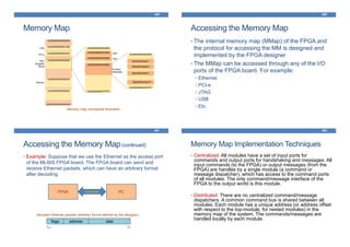 Memory Map
449
Memory map conceptual illustration
Accessing the Memory Map
450
• The internal memory map (MMap) of the FPGA and
the protocol for accessing the MM is designed and
implemented by the FPGA designer
• The MMap can be accessed through any of the I/O
ports of the FPGA board. For example:
• Ethernet
• PCI-e
• JTAG
• USB
• Etc.
Accessing the Memory Map(continued)
451
• Example: Suppose that we use the Ethernet as the access port
of the ML605 FPGA board. The FPGA board can send and
receive Ethernet packets, which can have an arbitrary format
after decoding:
FPGA PCEthernet
flags address data
Decoded Ethernet packets (arbitrary format defined by the designer):
p0pN-1
Memory Map Implementation Techniques
452
• Centralized: All modules have a set of input ports for
commands and output ports for handshaking and messages. All
input commands (to the FPGA) or output messages (from the
FPGA) are handles by a single module (a command or
message dispatcher), which has access to the command ports
of all modules. The only command/message interface of the
FPGA to the output world is this module.
• Distributed: There are no centralized command/message
dispatchers. A common command bus is shared between all
modules. Each module has a unique address (or address offset
with respect to the top-module, for nested modules) in the
memory map of the system. The commands/messages are
handled locally by each module.
 