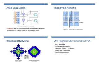 Altera Logic Blocks
• Question: How do companies decide about their FPGA internal
architecture? Is it a only matter of technology or taste?
77
Interconnect Networks
78
Interconnect Networks
79
Other Peripherals within Contemporary FPGA
• Block Memories
• Digital Clock Managers
• Dedicated Adders & Multipliers
• Variety of I/O interfaces
• Embedded Processors
80
 
