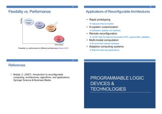 Flexibility vs. Performance
13
Flexibility vs. performance of different architectures (Bobda 2007)
Applications of Reconfigurable Architectures
14
• Rapid prototyping
reduced time-to-market
• In-system customization
hardware updates and patches
• Remote reconfiguration
via RF links for telecommunication BTS, spacecrafts, satellites,…
• Multi-modal computation
Environment aware hardware
• Adaptive computing systems
Machine learning applications
References
15
• Bobda, C. (2007). Introduction to reconfigurable
computing: architectures, algorithms, and applications.
Springer Science & Business Media.
PROGRAMMABLE LOGIC
DEVICES &
TECHNOLOGIES
 