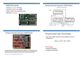 21
74000 Sub-series
• 74LS74: Low-power Schottky
• 74HCT74: High-speed CMOS
• 74HCT: 74LS TTL-compatible inputs
• SN74F00: Fast logic
22
Design Example Using the 74000 Series
cbabcbaf ),,(
23
Design Example Using the 74000 Series
An Implementation of a 4-bit two register computer, including 6 CPU assembly instructions:
READ (read input), INCB (increment register B), MOVAB (move contents of register A to B),
MOVBA (move contents of register B to A), RETI (return from interrupt), JMP (jump).
Reference: http://en.wikipedia.org/wiki/7400_series
24
Programmable Logic Technologies
• Basic Idea: Logic functions can be realized in sum-of-
product form.
Technologies:
• Simple PLD (SPLD)
• Complex PLD (CPLD)
zyxyxzyxf ),,(
 