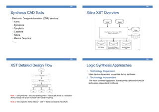 Synthesis CAD Tools
293
• Electronic Design Automation (EDA) Vendors:
• Xilinx
• Synopsys
• Synplicity
• Cadence
• Altera
• Mentor Graphics
• …
Xilinx XST Overview
294
XST Detailed Design Flow
295
Note 1: XST performs a resource sharing check. This usually leads to a reduction
of the area as well as an increase in the clock frequency.
Note 2: Xilinx-Specific Netlist (NGC) = EDIF + Netlist Constraints File (NCF)
Logic Synthesis Approaches
296
1. Technology Dependent
Uses device-dependent properties during synthesis
2. Technology Independent
The most common approach; but requires a second round of
technology dependent synthesis
 