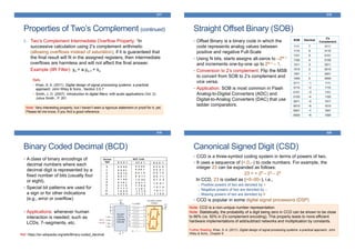 Properties of Two’s Complement (continued)
5. Two’s Complement Intermediate Overﬂow Property: “In
successive calculation using 2’s complement arithmetic
(allowing overflows instead of saturation), if it is guaranteed that
the ﬁnal result will fit in the assigned registers, then intermediate
overﬂows are harmless and will not affect the ﬁnal answer.
Example (IIR Filter): yn = a.yn-1 + xn
Refs:
• Khan, S. A. (2011). Digital design of signal processing systems: a practical
approach. John Wiley & Sons., Section 3.5.7
• Smith, J. O. (2007). Introduction to digital filters: with audio applications (Vol. 2).
Julius Smith., P. 201
317
Note: Very interesting property; but I haven’t seen a rigorous statement or proof for it, yet.
Please let me know, if you find a good reference.
318
Straight Offset Binary (SOB)
• Offset Binary is a binary code in which the
code represents analog values between
positive and negative Full-Scale
• Using N bits, starts assigns all-zeros to –2N-1
and increments one-by-one up to 2N-1 – 1.
• Conversion to 2’s complement: Flip the MSB
to convert from SOB to 2’s complement and
vice versa.
• Application: SOB is most common in Flash
Analog-to-Digital Converters (ADC) and
Digital-to-Analog Converters (DAC) that use
ladder comparators.
SOB Decimal
2's
Complement
1111 7 0111
1110 6 0110
1101 5 0101
1100 4 0100
1011 3 0011
1010 2 0010
1001 1 0001
1000 0 0000
0111 −1 1111
0110 −2 1110
0101 −3 1101
0100 −4 1100
0011 −5 1011
0010 −6 1010
0001 −7 1001
0000 −8 1000
319
Binary Coded Decimal (BCD)
• A class of binary encodings of
decimal numbers where each
decimal digit is represented by a
fixed number of bits (usually four
or eight).
• Special bit patterns are used for
a sign or for other indications
(e.g., error or overflow)
• Applications: whenever human
interaction is needed; such as
LCDs, 7–segments, etc.
Ref: https://en.wikipedia.org/wiki/Binary-coded_decimal
Canonical Signed Digit (CSD)
• CCD is a three-symbol coding system in terms of powers of two.
• It uses a sequence of (+,0,–) to code numbers. For example, the
integer 23 can be expanded as follows:
23 = + 25 – 23 – 20
In CCD, 23 is coded as (+0–00–), i.e.,
o Positive powers of two are denoted by +
o Negative powers of two are denoted by –
o Missing powers of two are denoted by 0
• CCD is popular in some digital signal processors (DSP)
320
Note: CCD is a non-unique number representation
Note: Statistically, the probability of a digit being zero in CCD can be shown to be close
to 66% (vs. 50% in 2's complement encoding). This property leads to more efficient
hardware implementations of add/subtract networks and multiplication by constants.
Further Reading: Khan, S. A. (2011). Digital design of signal processing systems: a practical approach. John
Wiley & Sons., Chapter 6
 