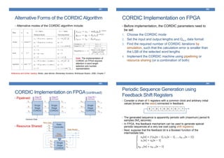 Alternative Forms of the CORDIC Algorithm
• Alternative modes of the CORDIC algorithm include:
381
Reference and further reading: Muller, Jean-Michel. Elementary functions. Birkhäuser Boston, 2006. Chapter 7
Note: The implementation of
CORDIC on FPGA requires
attention in word length
selection and number
representation
CORDIC Implementation on FPGA
382
• Before implementation, the CORDIC parameters need to
be set:
1. Choose the CORDIC mode
2. Set the input and output lengths and Qm.n data format
3. Find the required number of CORDIC iterations by
simulation, such that the calculation error is smaller than
the LSB of the selected word lengths
4. Implement the CORDIC machine using pipelining or
resource sharing (or a combination of both)
CORDIC Implementation on FPGA(continued)
383
• Pipelined:
• Resource Shared:
Single
Stage
CORDIC
x0
y0
z0
Stage #0
PARAMS
Single
Stage
CORDIC
x1
y1
z1
Stage #1
PARAMS
Single
Stage
CORDIC
xN-1
yN-1
zN-1
Stage #N-1
PARAMS
xN
yN
zN
x2
y2
z2
…
Common Clock
xN-1
yN-1
zN-1
xN
yN
zN
Single
Stage
CORDIC
x0
y0
z0
State
Controller
Stage
PARAMS
New Data
Data Ready
Periodic Sequence Generation using
Feedback Shift Registers
• Consider a chain of N registers with a common clock and arbitrary initial
values (known as the seed) connected in feedback:
• The generated sequence is apparently periodic with (maximum) period N
samples (N/fs seconds)
• In FPGA, this feedback mechanism can be used to generate special
periodic sequences at a very low cost (using shift registers)
• Next, suppose that the feedback bit is a Boolean function of the
intermediate bits:
𝑥0 𝑛 = 𝑓 𝑥0 𝑛 − 1 , 𝑥1 𝑛 − 1 , … , 𝑥 𝑁−1 𝑛 − 1
𝑥1 𝑛 = 𝑥0 𝑛 − 1
…
𝑥 𝑁−1 𝑛 = 𝑥 𝑁−2 𝑛 − 1
384
0 1 0 1 0 0 1 0 1 1
 