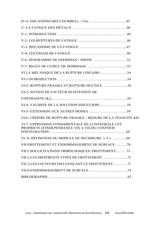 IV-4- EQUATIONS DES COURBES ε = f (t)…………………………..45
V- LA FATIGUE DES MÉTAUX ………………………………………46
V-1- INTRODUCTION ………………………………………………….46
V-2- LES RUPTURES DE FATIGUE …………………………………..46
V-3- MECANISME DE LA FATIGUE ………………………………....47
V-4- LES ESSAIS DE FATIGUE ……………………………………….50
V-6- DIAGRAMME DE GOODMAN - SMITH ………………………..51
V-7- REGLE DE CUMUL DE DOMMAGE …………………………....52
VI LA MÉCANIQUE DE LA RUPTURE LINÉAIRE ……………….....54
VI-1-INTRODUCTION ……………………………………………….....54
VI-2- RUPTURE FRAGILE ET RUPTURE DUCTILE ……………...…56
VI-3- NOTION DE FACTEUR DI INTENSITE DE
CONTRAINTE (KI)………………………………………………………58
VI-4- VALIDITE DE LA SOLUTION SINGULIERE ………………….58
VI-5- EXTENSION AUX AUTRES MODES ………………………......59
VI-6- CRITERE DE RUPTURE FRAGILE - MESURE DE LA TENACITE KIC
VI-7- EXPRESSION FONDAMENTALE DE LI INTEGRALE J ET
PROPRIETE D’INDEPENDANCE VIS A VIS DU CONTOUR
D'INTEGRATION …………………………………………………...….64
VI -8- DEFINITION DU MODULE DE DECHIRURE « T »………….68
VII-FROTTEMENT ET ENDOMMAGEMENT DE SURFACE……….70
VII-1-SOLLICITATIONS TRIBOLOGIQUES/ FROTTEMENT...…….71
VII-2-LES DIFFERENTS TYPES DE FROTTEMENT ………………...71
VII-3-LES FACTEURS INFLUENÇANT LE FROTTEMENT…………71
VII-4-ENDOMMAGEMEITT DE SURFACE …………………………..74
BIBLOGRAPHIE…………………………………………………………82




  Cours : Caractérisation des matériaux ENIT-Département de Génie Mécanique   104   Souad BEN SLIMA
 