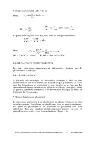 Conversion du volume LoSo = Ls Ss
                          Ls
Donc           s  Rm        Rm(1  es )
                          Lo



                                                        1                      1
                                                 s         Rm(1  es ) 
        Rm                                     e     1  es                 1  es
                  

La pente de la tangente étant Rm, on a dans les triangles semblables:
               OB            CM
                                Rm
               OA            CA



Donc                 CM    s
                      CA 
                               1  es
                     Rm    Rm
OA = CA-OC = 1+es-es   Et OB = Rm OA = Rm


I-9- MECANISMES DE DEFORMATION

Les deux principaux mécanismes de déformation plastique sont le
glissement et le maclage.

I-9-1- LE GLISSEMENT

A l’échelle microscopique, la déformation plastique à froid est due
essentiellement aux mouvements des dislocations par glissement. La façon
dont les dislocations se multiplient et sont freinées ou arrêtées par les
divers obstacles (autres dislocations, éléments d1alliages, précipités, joints
de grains), détermine l'amplitude à la déformation plastique du métal et
l’intensité de l'écrouissage.

* Plans et directions de glissement

Le glissement correspond à un cisaillement du réseau le long d1un plan
cristallographique, l’amplitude du cisaillement étant un vecteur du réseau.
Les plans de glissement et les directions de glissement sont bien
déterminés dans une structure cristallographique donnée. Ce sont en
général les plans et directions denses du réseau (figure I. 8).




  Cours : Caractérisation des matériaux ENIT-Département de Génie Mécanique   115   Souad BEN SLIMA
 