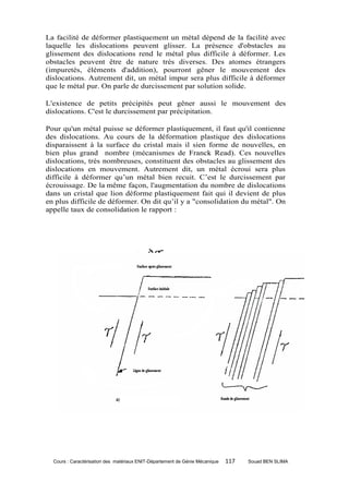 La facilité de déformer plastiquement un métal dépend de la facilité avec
laquelle les dislocations peuvent glisser. La présence d'obstacles au
glissement des dislocations rend le métal plus difficile à déformer. Les
obstacles peuvent être de nature très diverses. Des atomes étrangers
(impuretés, éléments d'addition), pourront gêner le mouvement des
dislocations. Autrement dit, un métal impur sera plus difficile à déformer
que le métal pur. On parle de durcissement par solution solide.

L'existence de petits précipités peut gêner aussi le mouvement des
dislocations. C'est le durcissement par précipitation.

Pour qu'un métal puisse se déformer plastiquement, il faut qu'il contienne
des dislocations. Au cours de la déformation plastique des dislocations
disparaissent à la surface du cristal mais il sien forme de nouvelles, en
bien plus grand nombre (mécanismes de Franck Read). Ces nouvelles
dislocations, très nombreuses, constituent des obstacles au glissement des
dislocations en mouvement. Autrement dit, un métal écroui sera plus
difficile à déformer qu’un métal bien recuit. C’est le durcissement par
écrouissage. De la même façon, l'augmentation du nombre de dislocations
dans un cristal que lion déforme plastiquement fait qui il devient de plus
en plus difficile de déformer. On dit qu’il y a "consolidation du métal". On
appelle taux de consolidation le rapport :




  Cours : Caractérisation des matériaux ENIT-Département de Génie Mécanique   117   Souad BEN SLIMA
 