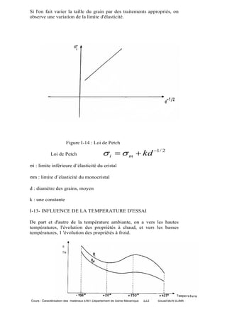 Si l'on fait varier la taille du grain par des traitements appropriés, on
observe une variation de la limite d'élasticité.




                       Figure I-14 : Loi de Petch

             Loi de Petch                        i   m  kd 1/ 2
i : limite inférieure d’élasticité du cristal

m : limite d’élasticité du monocristal

d : diamètre des grains, moyen

k : une constante

I-13- INFLUENCE DE LA TEMPERATURE D'ESSAI

De part et d'autre de la température ambiante, on a vers les hautes
températures, l'évolution des propriétés à chaud, et vers les basses
températures, 1 'évolution des propriétés à froid.




Cours : Caractérisation des matériaux ENIT-Département de Génie Mécanique   122   Souad BEN SLIMA
 