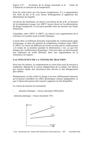 Figure I-15 :      Evolution de la charge maximale et la                          limite de
L'élasticité en fonction de la température

Pour les aciers doux aux très basses températures, il y a augmentation
très forte de Re et R, avec baisse d'allongement et apparition des
phénomènes de fragilité

Au dessus de l'ambiante, on observe une baisse de Re et R, en fonction
de la température jusque vers 400°C (aciers doux) où les phénomènes
de fluage l'emportent. Il n'est plus possible alors de mesurer une limite
d'élasticité.

Cependant, entre 100°C et 300°C, on observe une augmentation de la
résistance et un palier pour la limite élastique.

L'azote libre est l'élément principal responsable du vieillissement après
écrouissage, or dans une gamme de température comprise entre 100°C
et 300°C, la vitesse de diffusion de l'azote est telle que le vieillissement
a le temps de se produire pendant la déformation, c’est .ce que l'on
désigne par vieillissement dynamique. Cela provoque un durcissement
très important du métal déformé, donc une augmentation de la
résistance à la rupture.

I-14- INFLUENCE DE LA VITESSE DE TRACTION

Pour tous les métaux, le comportement au cours d'un essai de traction à
l'ambiante, dépend de la vitesse d'application de la charge. On obtient
par traction rapide, des résistances plus élevées et des allongements
plus faibles.

Pratiquement, on fait croître la charge à un taux suffisamment lent pour
qu’on puisse considérer les effets dynamiques comme négligeables, et
que L’éprouvette puisse être toujours supposée en état d'équilibre.

La vitesse de traction est normalisée

-       domaine élastique : vitesse maximale 30N/mm2/s

- domaine plastique : vitesse maximale 15%




Cours : Caractérisation des matériaux ENIT-Département de Génie Mécanique   123   Souad BEN SLIMA
 