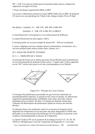 HV > 250. Cet essai est utilisé pour les produits plats minces, d'épaisseur
supérieure ou égale à 0,5mm.
* Essais de dureté superficielle HRN et HRT
Ces essais s’effectuent comme les essais HRB à bille (N) ou HRC de diamant
(T) mais avec une précharge de 3 Kgf et des charges totales 30 ou 45 Kgf.




On définit: 3 échelles: N = HR 15N, HR 30N et HR 45N
              3échelles: T = HR 15T et HR 30T et HR45T
L’unité Rockwell. Correspond ici à un enfoncement de 0,001µm.
La dureté Rockwell est alors égale à 100-e
L'enclume polie est en acier trempé de dureté HV > 850 ou en diamant
L’essai s’applique soit aux couches minces (cémentation, revêtement, etc.)
soit aux produits plats minces (tôles fines, rubans, etc.).
II-3- ESSAI DE DURETE VICKERS
II- 3- 1 – PRINCIPE DE L’ESSAI
Le principe de l'essai est le même que pour l'essai Brinell mais le pénétrateur
ici est une pyramide de diamant à base carrée , l’angle entre 2 faces opposées
est de 136°, choisi ainsi pour avoir une correspondance avec Brinell.




                           Figure II-3 : Principe de l’essai Vickers
L'avantage d'un pénétrateur pyramidal est que la loi de similitude est
automatiquement respectée, et quand on fait varier la charge, on obtient des
empreintes géométriquement semblables entre elles, donc des valeurs
identiques pour la dureté. De plus, l’avantage du diamant réside dans
l’absence de déformation du pénétrateur quand on mesure des duretés
élevées.
Le diamant laisse une empreinte carrée et on mesure la longueur de la
diagonale de l'empreinte (ou la moyenne des deux diagonales) à 0,002 mm
près grâce à un microscope micrométrique lié à la machine et pouvant venir
se placer automatiquement au dessus de l’empreinte.
La dureté Vickers HV est le quotient de la charge d’essai F (5, 10, 20, 30,
50,80 ou 100 Kgf) pour l’aire de l’empreinte de diagonale d. c’est à dire
 Cours : Caractérisation des matériaux ENIT-Département de Génie Mécanique   136   Souad BEN SLIMA
 