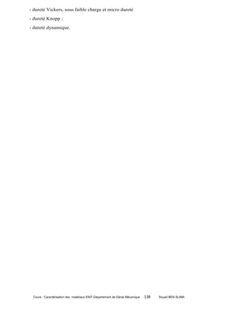 - dureté Vickers, sous faible charge et micro dureté
- dureté Knopp ;
- dureté dynamique.




 Cours : Caractérisation des matériaux ENIT-Département de Génie Mécanique   138   Souad BEN SLIMA
 