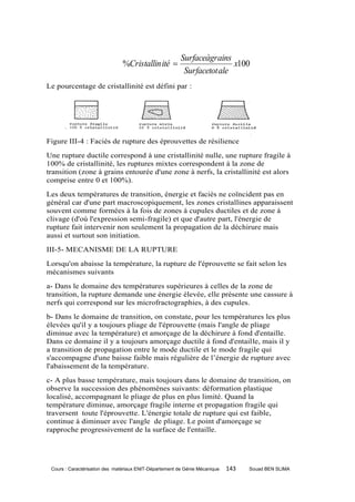 Surfaceàgr ains
                                %Cristallin ité                         x100
                                                          Surfacetot ale
Le pourcentage de cristallinité est défini par :




Figure III-4 : Faciès de rupture des éprouvettes de résilience
Une rupture ductile correspond à une cristallinité nulle, une rupture fragile à
100% de cristallinité, les ruptures mixtes correspondent à la zone de
transition (zone à grains entourée d'une zone à nerfs, la cristallinité est alors
comprise entre 0 et 100%).
Les deux températures de transition, énergie et faciès ne coïncident pas en
général car d'une part macroscopiquement, les zones cristallines apparaissent
souvent comme formées à la fois de zones à cupules ductiles et de zone à
clivage (d'où l'expression semi-fragile) et que d'autre part, l'énergie de
rupture fait intervenir non seulement la propagation de la déchirure mais
aussi et surtout son initiation.
III-5- MECANISME DE LA RUPTURE
Lorsqu'on abaisse la température, la rupture de l'éprouvette se fait selon les
mécanismes suivants
a- Dans le domaine des températures supérieures à celles de la zone de
transition, la rupture demande une énergie élevée, elle présente une cassure à
nerfs qui correspond sur les microfractographies, à des cupules.
b- Dans le domaine de transition, on constate, pour les températures les plus
élevées qu'il y a toujours pliage de l'éprouvette (mais l'angle de pliage
diminue avec la température) et amorçage de la déchirure à fond d'entaille.
Dans ce domaine il y a toujours amorçage ductile à fond d'entaille, mais il y
a transition de propagation entre le mode ductile et le mode fragile qui
s'accompagne d'une baisse faible mais régulière de l’énergie de rupture avec
l'abaissement de la température.
c- A plus basse température, mais toujours dans le domaine de transition, on
observe la succession des phénomènes suivants: déformation plastique
localisé, accompagnant le pliage de plus en plus limité. Quand la
température diminue, amorçage fragile interne et propagation fragile qui
traversent toute l'éprouvette. L'énergie totale de rupture qui est faible,
continue à diminuer avec l'angle de pliage. Le point d'amorçage se
rapproche progressivement de la surface de l'entaille.




 Cours : Caractérisation des matériaux ENIT-Département de Génie Mécanique   143   Souad BEN SLIMA
 