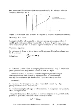 On constate expérimentalement l'existence de trois stades de croissance selon les
valeurs deK (figure VI- 6).




Figure VI-6 : Relation entre la vitesse en fatigue et le facteur d’intensité de contrainte
Démarrage de la fissure :

Pour de très faibles valeurs de K, on n'observe aucune croissance du défaut. Il
semble qu'il existe un seuil de croissance Ks en dessous du quel il n'y a pas de
croissance du tout; la mise en évidence expérimentale d'un tel seuil est très difficile.
Croissance régulière:
La croissance du défaut se fait de façon régulière, on peut décrire la courbe par une
loi de la forme :
                                da
Loi de Paris                              (K ) m
                               dN




Le coefficient C et l'exposant m (compris généralement entre 2 et 5), se déterminent
graphiquement sur le diagramme à l'issue d'un essai de fatigue.
Au cours de ce stade, la croissance d’une fissure par fatigue se traduit par
l'existence de stries sur la surface de rupture (on peut les dénombrer par
microscopie électronique) perpendiculaires à la direction de propagation.
Accélération :

La croissance s’accélère parce que K est proche de la ténacité KIC ; il y a
pratiquement déchirure à chaque cycle.
La situation se complique lorsque la valeur minimale du chargement n’est pas nulle.
Deux cas se présentent:
- une partie du cycle de chargement est en compression ; dans ce cas, seule la partie
positive du cycle est à considérer dans lé loi de croissance :

                                      K  K IMax

     Cours : Caractérisation des matériaux ENIT-Département de Génie Mécanique   166   Souad BEN SLIMA
 