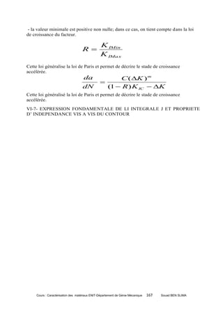 - la valeur minimale est positive non nulle; dans ce cas, on tient compte dans la loi
de croissance du facteur.

                                                 K IMin
                                    R
                                                 K IMa x
Cette loi généralise la loi de Paris et permet de décrire le stade de croissance
accélérée.
                                     da               C ( K ) m
                                                
                                    dN            (1  R) K IC  K
Cette loi généralisé la loi de Paris et permet de décrire le stade de croissance
accélérée.
VI-7- EXPRESSION FONDAMENTALE DE LI INTEGRALE J ET PROPRIETE
D’ INDEPENDANCE VIS A VIS DU CONTOUR




     Cours : Caractérisation des matériaux ENIT-Département de Génie Mécanique   167   Souad BEN SLIMA
 