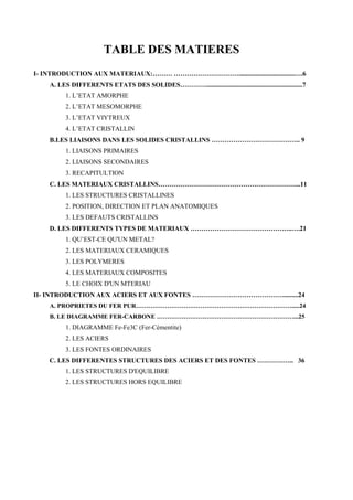 TABLE DES MATIERES
I- INTRODUCTION AUX MATERIAUX:……… …………………………..................................….6
    A. LES DIFFERENTS ETATS DES SOLIDES…………...........................................................7
          1. L’ETAT AMORPHE
          2. L’ETAT MESOMORPHE
          3. L’ETAT VIYTREUX
          4. L’ETAT CRISTALLIN
    B.LES LIAISONS DANS LES SOLIDES CRISTALLINS ………………………………….. 9
          1. LIAISONS PRIMAIRES
          2. LIAISONS SECONDAIRES
          3. RECAPITULTION
    C. LES MATERIAUX CRISTALLINS………………………………………………………...11
          1. LES STRUCTURES CRISTALLINES
          2. POSITION, DIRECTION ET PLAN ANATOMIQUES
          3. LES DEFAUTS CRISTALLINS
    D. LES DIFFERENTS TYPES DE MATERIAUX ………………………………………..….21
          1. QU’EST-CE QU'UN METAL?
          2. LES MATERIAUX CERAMIQUES
          3. LES POLYMERES
          4. LES MATERIAUX COMPOSITES
          5. LE CHOIX D'UN MTERIAU
II- INTRODUCTION AUX ACIERS ET AUX FONTES …………………………………….........24
    A. PROPRIETES DU FER PUR………………………………………………………………….....24
    B. LE DIAGRAMME FER-CARBONE …………………………………………………………...25
          1. DIAGRAMME Fe-Fe3C (Fer-Cémentite)
          2. LES ACIERS
          3. LES FONTES ORDINAIRES
    C. LES DIFFERENTES STRUCTURES DES ACIERS ET DES FONTES …………….. 36
          1. LES STRUCTURES D'EQUILIBRE
          2. LES STRUCTURES HORS EQUILIBRE
 