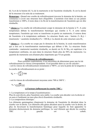 (K3 %) et de la bainite (K'3 %), de la martensite et de l'austénite résiduelle. D3 est la dureté
de la structure à la suite de ce traitement.
Remarque : Quand une courbe de refroidissement traverse le domaine de la bainite, on
commence à avoir une structure hors d'équilibre. L'austénite n'est dans ce cas jamais
transformée à 100%; il reste donc à la fin de la transformation de l'austénite qui est dite
résiduelle.

* vitesse v2: La courbe de refroidissement coupe le domaine de la bainite à T'1 A cette
température débute la transformation bainitique qui s'arrête à T'2 A cette même
température, l'austénite qui reste se transforme en partie en martensite, il restera donc
de l'austénite à la température ambiante. La structure finale sera : bainite (% :K2) +
(martensite + austénite résiduelle) (% = 100-K2). La dureté de cette structure sera D2.

* vitesse v1 : La courbe ne coupe pas le domaine de la bainite, la seule transformation
qui a lieu est la transformation martensitique qui débute à Ms. La structure finale
contiendra : martensite+austénite résiduelle, sa dureté est D3 Si M50 est supérieur à la
température ambiante, on aura dans la structure finale plus de 50% de martensite. La
quantité de martensite sera d'autant plus importante que VI est grande.

                     b) Vitesses de refroidissement :
            Pour certaines exploitations, il est nécessaire de déterminer pour une loi de
refroidissement la vitesse correspondante. Il est possible dans ce cas de calculer :
- soit la vitesse de refroidissement instantanée à 700°C, ce sera la pente de la tangente à
la courbe de refroidissement en ce point :




- soit la vitesse de refroidissement moyenne entre 700 et 300°C :



                        c) Facteurs influençant la courbe TRC :

1- La température et le temps d’austénitisation :
Plus ils sont élevés, plus l'austénite sera stable. La courbe sera décalée vers la droite et
on aura à l'ambiante un taux plus élevé d'austénite résiduelle.
2- La composition chimique :
Les éléments gammagènes élargissent le domaine de l'austénite ils décalent donc la
courbe vers la droite. Les éléments alfa gènes décalent aussi la courbe vers la droite, de
plus ils favorisent la transformation bainitique pour laquelle ils font apparaître le
domaine distinctement du domaine perlitique. Le seul élément qui décale les courbes
TRC                à              gauche                est            le             cobalt.




Cours de métallurgie, ENIT-Département de Génie Mécanique   52   Souad BEN SLIMA
 