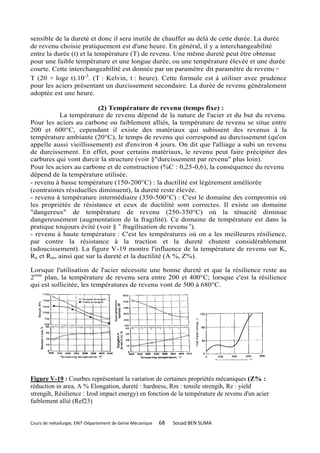 sensible de la dureté et donc il sera inutile de chauffer au delà de cette durée. La durée
de revenu choisie pratiquement est d'une heure. En général, il y a interchangeabilité
entre la durée (t) et la température (T) de revenu. Une même dureté peut être obtenue
pour une faible température et une longue durée, ou une température élevée et une durée
courte. Cette interchangeabilité est donnée par un paramètre dit paramètre de revenu =
T (20 + loge t).10-3. (T : Kelvin, t : heure). Cette formule est à utiliser avec prudence
pour les aciers présentant un durcissement secondaire. La durée de revenu généralement
adoptée est une heure.

                         (2) Température de revenu (temps fixe) :
          La température de revenu dépend de la nature de l'acier et du but du revenu.
Pour les aciers au carbone ou faiblement alliés, la température de revenu se situe entre
200 et 600°C, cependant il existe des matériaux qui subissent des revenus à la
température ambiante (20°C), le temps de revenu qui correspond au durcissement (qu'on
appelle aussi vieillissement) est d'environ 4 jours. On dit que l'alliage a subi un revenu
de durcissement. En effet, pour certains matériaux, le revenu peut faire précipiter des
carbures qui vont durcir la structure (voir §"durcissement par revenu" plus loin).
Pour les aciers au carbone et de construction (%C : 0,25-0,6), la conséquence du revenu
dépend de la température utilisée.
- revenu à basse température (150-200°C) : la ductilité est légèrement améliorée
(contraintes résiduelles diminuent), la dureté reste élevée.
- revenu à température intermédiaire (350-500°C) : C'est le domaine des compromis où
les propriétés de résistance et ceux de ductilité sont correctes. Il existe un domaine
"dangereux" de température de revenu (250-350°C) où la ténacité diminue
dangereusement (augmentation de la fragilité). Ce domaine de température est dans la
pratique toujours évité (voir § « fragilisation de revenu »).
- revenu à haute température : C'est les températures où on a les meilleures résilience,
par contre la résistance à la traction et la dureté chutent considérablement
(adoucissement). La figure V-19 montre l'influence de la température de revenu sur K,
Re et Rm, ainsi que sur la dureté et la ductilité (A %, Z%).

Lorsque l'utilisation de l'acier nécessite une bonne dureté et que la résilience reste au
2eme plan, la température de revenu sera entre 200 et 400°C; lorsque c'est la résilience
qui est sollicitée, les températures de revenu vont de 500 à 680°C.




Figure V-19 : Courbes représentant la variation de certaines propriétés mécaniques (Z% :
réduction in area, A % Elongation, dureté : hardness, Rm : tensile strengih, Re : yield
strengih, Résilience : Izod impact energy) en fonction de la température de revenu d'un acier
faiblement allié (Ref23)


Cours de métallurgie, ENIT-Département de Génie Mécanique   68   Souad BEN SLIMA
 