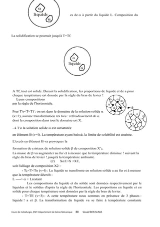 soit l'alliage de composition Xl

- à T=To : formation des premiers germes de à partir du liquide L. Composition du
premier cristal de  = Xo.
- pour Tf<T<To (v=l) :
L------>+ Lrestant

La solidification se poursuit jusqu'à T=Tf.




A Tf, tout est solide. Durant la solidification, les proportions de liquide et de a pour
chaque température est donnée par la règle du bras de levier !
  Leurs compositions
par la règle de l'horizontale.

Pour T'o<T<Tf : on est dans le domaine de la solution solide 
(v=2), aucune transformation n'a lieu : refroidissement de 
dont la composition dans tout le domaine est X.

- à T'o la solution solide  est sursaturée

en élément B (v=l). La température ayant baissé, la limite de solubilité est atteinte.

L'excès en élément B va provoquer la

formation de cristaux de solution solide  de composition X’0.
La masse de  va augmenter au fur et à mesure que la température diminue ! suivant la
règle du bras de levier ! jusqu'à la température ambiante.
                            (2)    XE<X <XE,
soit l'alliage de composition X2 :
        - TE<T<To (v=l) : Le liquide se transforme en solution solide a au fur et à mesure
que la température décroît :
L ----->  + Lrestant
            Les compositions du liquide et du solide sont données respectivement par le
liquidus et le solidus d'après la règle de l'horizontale. Les proportions en liquide et en
solide pour chaque température sont données par la règle du bras de levier.
        - T=TE (v=3) : A cette température nous sommes en présence de 3 phases :
liquide ! a et . La transformation du liquide va se faire à température constante


Cours de métallurgie, ENIT-Département de Génie Mécanique   88   Souad BEN SLIMA
 