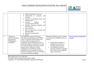 CDAC COURSES HIGHLIGHTS @ BYTES, New DELHI
Bytes Softech Pvt. Ltd. C-DAC ATC
T-8, Okhla Ind Area Phase-II New Delhi 110020
Telephone : 011-46579380, 40503451, Mobile 09350552415 Page 3
 Ethical Hacking & Cyber Laws
 Fundamental of computers and
networks
 Concepts of Operating System and
Administration
 Network Defense and
Countermeasures (NDC)
 Auditing, Securing standards and
Best Practices
 Cyber Forensics
 PKI and Biometrics Concepts and
Planning (PBC)
 Business Communication
 Project
3 Diploma in
Advanced Software
Development
Methodologies
(DASDM)
The Diploma in Advanced Software
Development Methodologies (DASDM)
course is targeted towards students who
wish to venture into the domain of
computing. The DASDM course aims to
groom the students to enable them to work
on current technology scenarios as well as
prepare them to keep pace with the
changing face of technology and the
requirements of the growing IT industry.
After the completion of the course, students
can work as software developer,
Minimum eligibility criteria to appear
for admission to DASDM course is as
follows:
 Graduate/Post Graduate in
Engineering or Science or
Computer related streams.
 The candidates must have
secured a minimum of agregate
50% marks in their qualifying
degree examination.
http://acts.cdac.in/dasdm/Defa
ult.aspx
 
