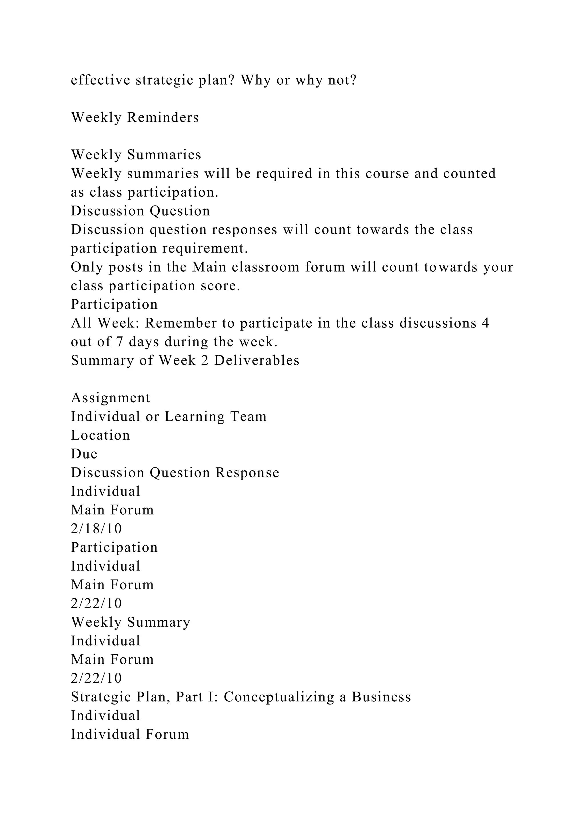 effective strategic plan? Why or why not?
Weekly Reminders
Weekly Summaries
Weekly summaries will be required in this course and counted
as class participation.
Discussion Question
Discussion question responses will count towards the class
participation requirement.
Only posts in the Main classroom forum will count towards your
class participation score.
Participation
All Week: Remember to participate in the class discussions 4
out of 7 days during the week.
Summary of Week 2 Deliverables
Assignment
Individual or Learning Team
Location
Due
Discussion Question Response
Individual
Main Forum
2/18/10
Participation
Individual
Main Forum
2/22/10
Weekly Summary
Individual
Main Forum
2/22/10
Strategic Plan, Part I: Conceptualizing a Business
Individual
Individual Forum
 