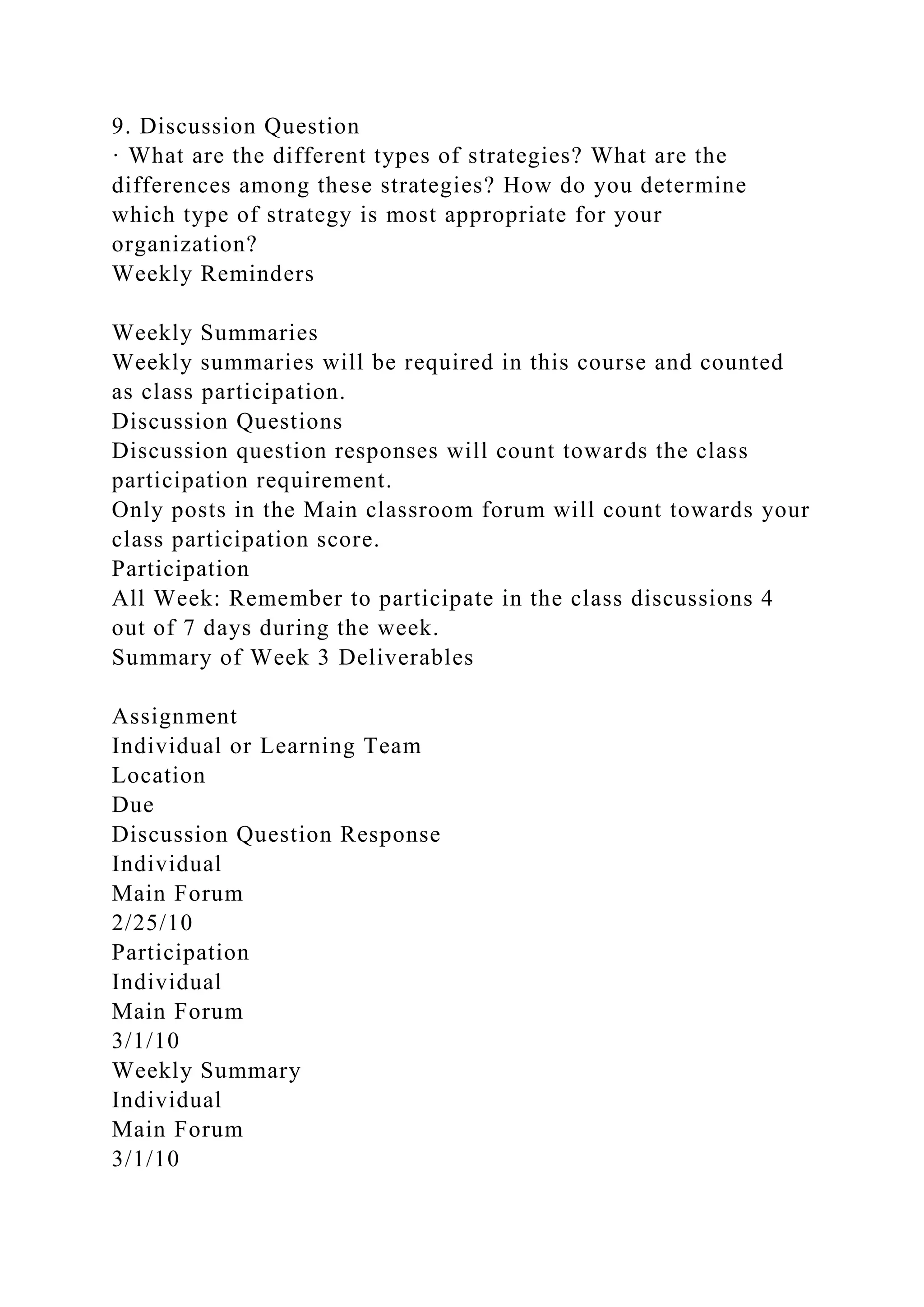 9. Discussion Question
· What are the different types of strategies? What are the
differences among these strategies? How do you determine
which type of strategy is most appropriate for your
organization?
Weekly Reminders
Weekly Summaries
Weekly summaries will be required in this course and counted
as class participation.
Discussion Questions
Discussion question responses will count towards the class
participation requirement.
Only posts in the Main classroom forum will count towards your
class participation score.
Participation
All Week: Remember to participate in the class discussions 4
out of 7 days during the week.
Summary of Week 3 Deliverables
Assignment
Individual or Learning Team
Location
Due
Discussion Question Response
Individual
Main Forum
2/25/10
Participation
Individual
Main Forum
3/1/10
Weekly Summary
Individual
Main Forum
3/1/10
 