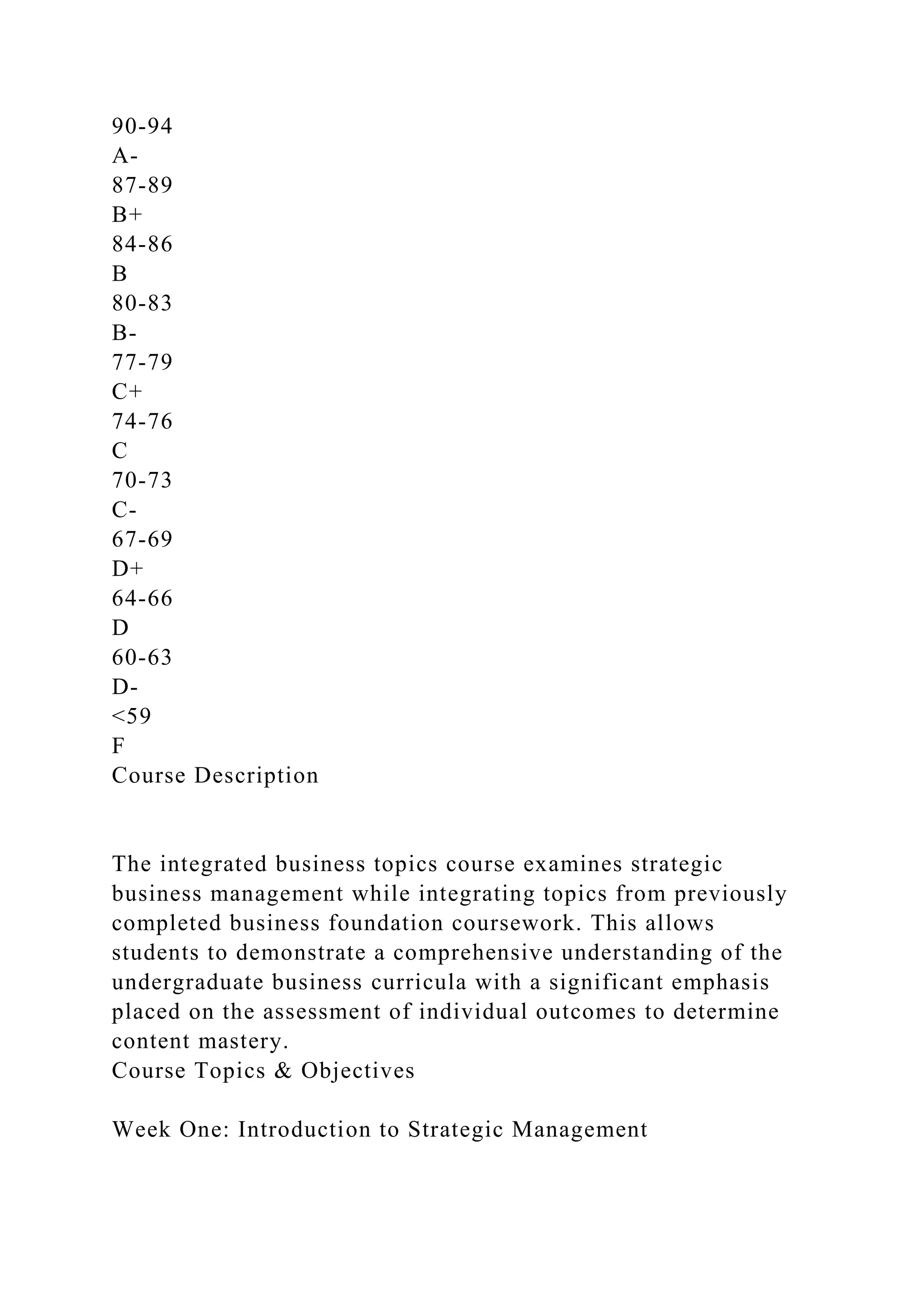 90-94
A-
87-89
B+
84-86
B
80-83
B-
77-79
C+
74-76
C
70-73
C-
67-69
D+
64-66
D
60-63
D-
<59
F
Course Description
The integrated business topics course examines strategic
business management while integrating topics from previously
completed business foundation coursework. This allows
students to demonstrate a comprehensive understanding of the
undergraduate business curricula with a significant emphasis
placed on the assessment of individual outcomes to determine
content mastery.
Course Topics & Objectives
Week One: Introduction to Strategic Management
 