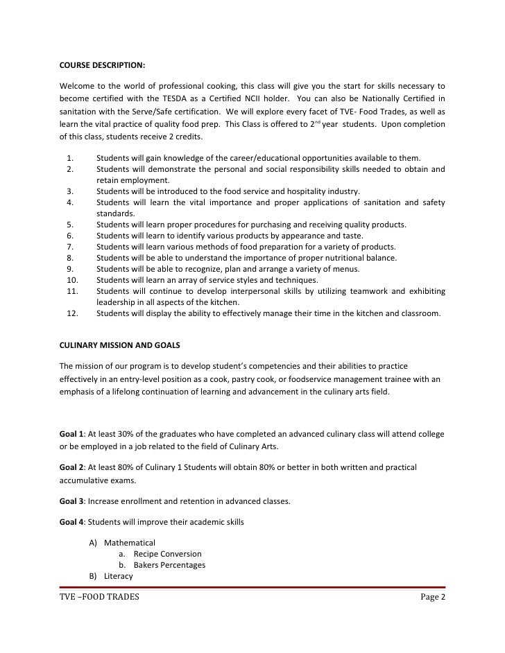 Course syllabus of tve food trades