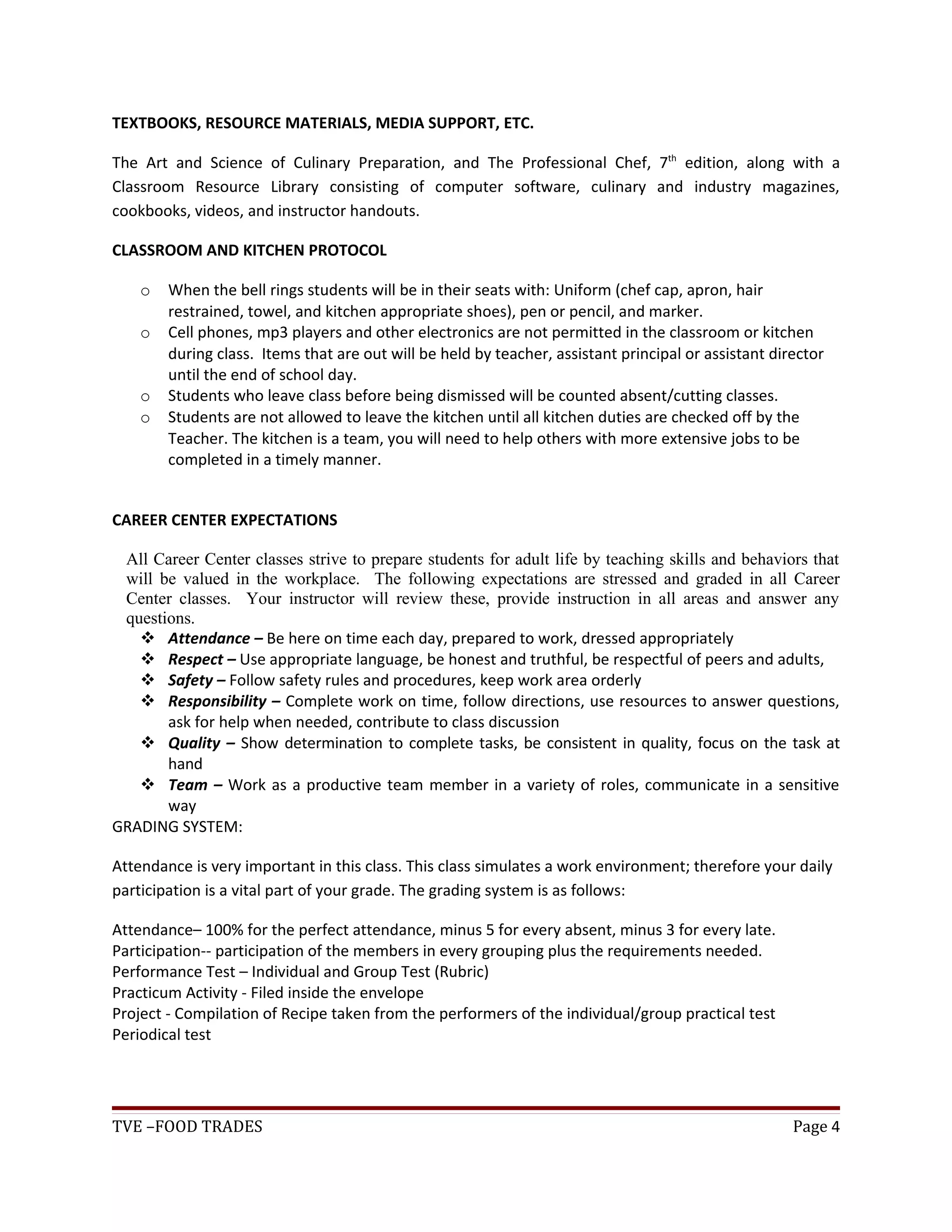 Course syllabus of tve food trades | DOC