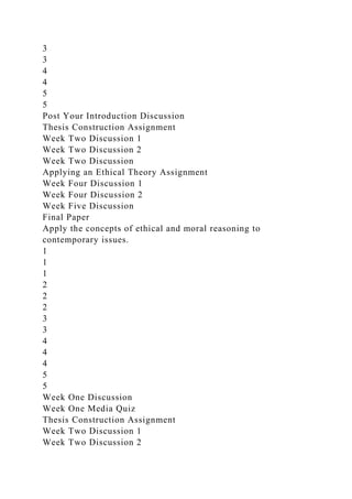 3
3
4
4
5
5
Post Your Introduction Discussion
Thesis Construction Assignment
Week Two Discussion 1
Week Two Discussion 2
Week Two Discussion
Applying an Ethical Theory Assignment
Week Four Discussion 1
Week Four Discussion 2
Week Five Discussion
Final Paper
Apply the concepts of ethical and moral reasoning to
contemporary issues.
1
1
1
2
2
2
3
3
4
4
4
5
5
Week One Discussion
Week One Media Quiz
Thesis Construction Assignment
Week Two Discussion 1
Week Two Discussion 2
 
