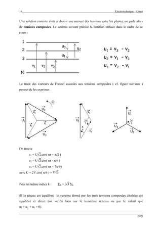 16 Electrotechnique – Cours
2009
Une solution consiste alors à choisir une mesure des tensions entre les phases, on parle alors
de tensions composées. Le schéma suivant précise la notation utilisée dans le cadre de ce
cours :
N
1
2
3
v1 v2 v3
u1
u2
u3
u1 = v3 - v2
u2 = v1 - v3
u3 = v2 - v1
Le tracé des vecteurs de Fresnel associés aux tensions composées ( cf. figure suivante )
permet de les exprimer.
V1
⊕⊕
V2
V3
U1
U2
U3
- V2
V3
U1
U1
U2
U3
2π
3
2π
3
π
6
π
6
2π
3
2π
3
On trouve
u1 = U√2.cos( ωt + π/2 )
u2 = U√2.cos( ωt - π/6 )
u3 = U√2.cos( ωt + 7π/6)
avec U = 2V.cos( π/6 ) = V√3
Pour un même indice k : Uk = j√3 Vk
Si le réseau est équilibré le système formé par les trois tensions composées choisies est
équilibré et direct (on vérifie bien sur le troisième schéma ou par le calcul que
u1 + u2 + u3 = 0).
 