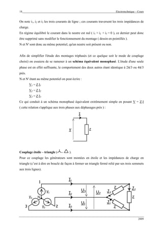 18 Electrotechnique – Cours
2009
On note i1, i2 et i3 les trois courants de ligne ; ces courants traversent les trois impédances de
charge.
En régime équilibré le courant dans le neutre est nul ( i1 + i2 + i3 = 0 ), ce dernier peut donc
être supprimé sans modifier le fonctionnement du montage ( dessin en pointillés ).
N et N' sont donc au même potentiel, qu'un neutre soit présent ou non.
Afin de simplifier l'étude des montages triphasés (et ce quelque soit le mode de couplage
choisi) on essaiera de se ramener à un schéma équivalent monophasé. L'étude d'une seule
phase est en effet suffisante, le comportement des deux autres étant identique à 2π/3 ou 4π/3
près.
N et N' étant au même potentiel on peut écrire :
V1 = Z.I1
V2 = Z.I2
V3 = Z.I3
Ce qui conduit à un schéma monophasé équivalent extrêmement simple en posant V = Z.I
( cette relation s'applique aux trois phases aux déphasages près ) :
ZV
I
Couplage étoile – triangle ( - ).
Pour ce couplage les générateurs sont montées en étoile et les impédances de charge en
triangle (c’est à dire en boucle de façon à former un triangle fermé relié par ses trois sommets
aux trois lignes).
N
1
23
U1
U2
U3
I1
I2
I3
Z
Z
Z
J1
J2
J1
J3V1
V2
V3
 