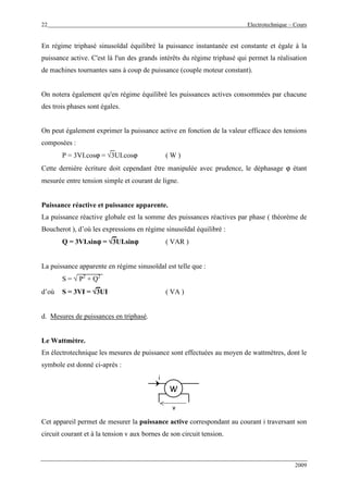 22 Electrotechnique – Cours
2009
En régime triphasé sinusoïdal équilibré la puissance instantanée est constante et égale à la
puissance active. C'est là l'un des grands intérêts du régime triphasé qui permet la réalisation
de machines tournantes sans à coup de puissance (couple moteur constant).
On notera également qu'en régime équilibré les puissances actives consommées par chacune
des trois phases sont égales.
On peut également exprimer la puissance active en fonction de la valeur efficace des tensions
composées :
P = 3VI.cosϕ = √3UI.cosϕ ( W )
Cette dernière écriture doit cependant être manipulée avec prudence, le déphasage ϕ étant
mesurée entre tension simple et courant de ligne.
Puissance réactive et puissance apparente.
La puissance réactive globale est la somme des puissances réactives par phase ( théorème de
Boucherot ), d’où les expressions en régime sinusoïdal équilibré :
Q = 3VI.sinϕϕϕϕ = √√√√3UI.sinϕϕϕϕ ( VAR )
La puissance apparente en régime sinusoïdal est telle que :
S = √ P2
+ Q2
d’où S = 3VI = √√√√3UI ( VA )
d. Mesures de puissances en triphasé.
Le Wattmètre.
En électrotechnique les mesures de puissance sont effectuées au moyen de wattmètres, dont le
symbole est donné ci-après :
i
v
W
Cet appareil permet de mesurer la puissance active correspondant au courant i traversant son
circuit courant et à la tension v aux bornes de son circuit tension.
 