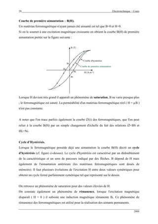 28 Electrotechnique – Cours
2009
Courbe de première aimantation – B(H).
Un matériau ferromagnétique n'ayant jamais été aimanté est tel que B=0 et H=0.
Si on le soumet à une excitation magnétique croissante on obtient la courbe B(H) de première
aimantation portée sur la figure suivante :
Lorsque H devient très grand il apparaît un phénomène de saturation, B ne varie presque plus
; le ferromagnétique est saturé. La perméabilité d'un matériau ferromagnétique réel ( H = µB )
n'est pas constante.
A noter que l'on trace parfois également la courbe ∅(i) des ferromagnétiques, que l'on peut
relier à la courbe B(H) par un simple changement d'échelle du fait des relations ∅=BS et
HL=Ni.
Cycle d’Hystérésis.
Lorsque le ferromagnétique possède déjà une aimantation la courbe B(H) décrit un cycle
d'hystérésis (cf. figure ci-dessus). Le cycle d'hystérésis est caractérisé par un dédoublement
de la caractéristique et un sens de parcours indiqué par des flèches. B dépend de H mais
également de l'aimantation antérieure (les matériaux ferromagnétiques sont doués de
mémoire). Il faut plusieurs évolutions de l'excitation H entre deux valeurs symétriques pour
obtenir un cycle fermé parfaitement symétrique tel que représenté sur le dessin.
On retrouve un phénomène de saturation pour des valeurs élevées de H.
On constate également un phénomène de rémanence, lorsque l'excitation magnétique
disparaît ( H = 0 ) il subsiste une induction magnétique rémanente Br. Ce phénomène de
rémanence des ferromagnétiques est utilisé pour la réalisation des aimants permanents.
 