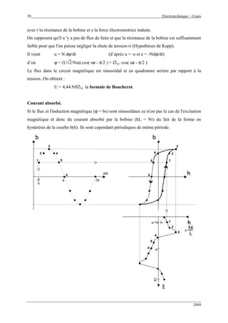 30 Electrotechnique – Cours
2009
avec r la résistance de la bobine et e la force électromotrice induite.
On supposera qu'il n 'y a pas de flux de fuite et que la résistance de la bobine est suffisamment
faible pour que l'on puisse négliger la chute de tension ri (Hypothèses de Kapp).
Il vient u = N dϕ/dt (d’après u = -e et e = -Ndϕ/dt)
d’où ϕ = (U√2/Nω).cos( ωt - π/2 ) = ∅m. cos( ωt - π/2 )
Le flux dans le circuit magnétique est sinusoïdal et en quadrature arrière par rapport à la
tension. On obtient :
U = 4,44.Nf∅m la formule de Boucherot.
Courant absorbé.
Si le flux et l'induction magnétique (ϕ = bs) sont sinusoïdaux ce n'est pas le cas de l'excitation
magnétique et donc du courant absorbé par la bobine (hL = Ni) du fait de la forme en
hystérésis de la courbe b(h). Ils sont cependant périodiques de même période.
b
h
b
h
ωt
ωt1
π 2π
π2π
1
1
π
6
π
6
2 2
3 3
2
3
4 4
4
5 5
5
6 6
6
=
Ni
L
b
h
b
h
ωt
ωt1
π 2π
π2π
1
1
π
6
π
6
π
6
π
6
2 2
3 3
2
3
4 4
4
5 5
5
6 6
6
=
Ni
L
=
Ni
L
 
