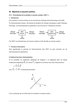 Electrotechnique – Cours 41
2009
IV. Machine à courant continu.
IV.1. Présentation de la machine à courant continu ( MCC ).
a. Introduction.
Une machine à courant continu est un convertisseur d'énergie électromécanique réversible.
En fonctionnement moteur, elle permet de produire de l'énergie mécanique à partir d'énergie
électrique ; en fonctionnement en génératrice c'est l'inverse (cf. illustration suivante).
MCC
moteur
Énergie
électrique
Énergie
mécanique
pertes
MCC
génératrice
Énergie
électrique
Énergie
mécanique
pertes
MCC
moteur
Énergie
électrique
Énergie
mécanique
pertes
MCC
génératrice
Énergie
électrique
Énergie
mécanique
pertes
Une MCC est alimentée par une tension continue et elle absorbe un courant continu.
b. Principe et description.
Pour appréhender le principe de fonctionnement d'un MCC on peut raisonner sur un
fonctionnement en génératrice.
Création d'une force électromotrice.
Si on considère un conducteur métallique de longueur l, se déplaçant dans un champ
d'induction magnétique B, à la vitesse v ; il apparaît à ses bornes une force électromotrice :
e = ∫l Em.dl
avec Em = v ∧ B le champ électromoteur
v
B
v
B
C'est ce principe qui est utilisé dans les machines à courant continu.
 