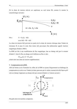 48 Electrotechnique – Cours
2009
Or la chute de tension relevée est supérieure au seul terme RI, comme le montre la
caractéristique suivante :
U ( V )
I ( A )
Ev(Ie)
Ev(Ie) - RI
U
Ev(Ie)
Ω = cte , Ie = cte
U ( V )
I ( A )
Ev(Ie)
Ev(Ie) - RI
U
Ev(Ie)
Ω = cte , Ie = cte
On a U = Ev(Ie) – h(I)
avec h(I) = RI + ε(I)
La chute de tension h(I) provient en partie de la chute de tension ohmique dans l'induit de
résistance R et pour le reste d'un terme ε(I) provenant d'un phénomène appelé réaction
magnétique d'induit ( RMI ).
La RMI est liée à une modification du flux magnétique, due au champ créé par le courant
d'induit I. Ainsi le flux en charge est-il inférieur au flux à vide :
∅charge(Ie, I) < ∅vide(Ie)
créant ainsi une chute de tension supplémentaire.
b. Compensation de la RMI.
Afin de limiter (voir d’annuler) les effets de la RMI on ajoute fréquemment un bobinage de
compensation en série avec l'induit (et donc parcouru par le même courant) de telle façon qu'il
crée un champ s'opposant au champ créé par courant d'induit ( cf. dessin suivant ).
N S
.
.
..
Ω
Binduit
.
.
.
.
Bcompensation
bobinage de
compensation
N S
...
...
......
Ω
Binduit
..
..
..
..
Bcompensation
bobinage de
compensation
On parle alors de machine compensée.
 