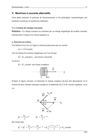 Electrotechnique – Cours 55
2009
V. Machines à courants alternatifs.
Cette partie présente le principe de fonctionnement et les principales caractéristiques des
machines synchrone et asynchrone triphasées.
V.1. Création des champs tournants.
Définition : Un champ tournant est constitué par un champ magnétique de module constant,
tournant dans l’espace à la vitesse angulaire ω.
a. Théorème de Leblanc.
Une bobine d’axe Ox (cf. figure ci-dessous) parcourue par un courant
)cos(2)( tIti ω=
crée un champ d’excitation magnétique sur l’axe tel que
xm utHH
rr
).cos(ω= sous forme vectorielle
ou encore
)cos( tHH m ω= sous forme complexe.
i(t)
x
H
D’après la figure suivante, on démontre le champ complexe H peut être décomposés en la
somme de deux champs tournants complexes d’amplitude Hm/2 et de vitesses angulaire +ω et
-ω :
x
HO
H+
H-
+ω
-ω
+ωt
-ωt
tjm
e
H
H ω
2
=
+ tjm
e
H
H ω−−
=
2
On vérifie bien
)cos(
2
.
22
tH
ee
He
H
e
H
HH m
tjtj
m
tjmtjm
ω
ωω
ωω
=




 +
=+=+
−
−−+
 