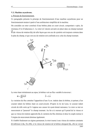 62 Electrotechnique – Cours
2009
V.3. Machine asynchrone.
a. Principe de fonctionnement.
Ce paragraphe présente le principe de fonctionnement d’une machine asynchrone pour un
fonctionnement moteur à partir d’une architecture simplifiée de la machine.
On considère un rotor constitué d’une bobine plate en court circuit, comportant n spire, de
résistance R et d’inductance L. Le rotor (cf. dessin suivant) est placé dans un champ tournant
B (de vitesse de rotation ΩS) de telle façon que son axe de symétrie soit toujours contenu dans
le plan du champ, et que son axe de rotation soit confondu avec celui du champ tournant.
i1(t)
i3(t)
i2(t)
θ(t)
SS
Ω
BB
ΩS
Le rotor étant initialement au repos, la bobine voit un flux variable la traverser :
∫∫=Φ
S
dSB. nSS .=
La variation du flux entraîne l’apparition d’une f.e.m. induite dans la bobine, et partant, d’un
courant induit (la bobine étant en court-circuit). D’après la loi de Lenz, le courant induit
circule de telle sorte qu’il s’oppose aux causes lui ayant donné naissance. Le rotor se met en
mouvement et "poursuit" le champ tournant. Au fur et à mesure qu’il prend de la vitesse et
que sa vitesse de rotation approche ΩS la variation du flux diminue et donc le couple moteur à
l’origine du mouvement diminue également.
Il s’établit finalement un régime permanent, le rotor tourne à une vitesse de rotation constante
Ω inférieure à ΩS. En effet, si la vitesse de rotation de la bobine atteignait ΩS, elle ne verrait
 
