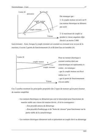 Electrotechnique – Cours 67
2009
On remarque que :
1- le couple moteur est nul à ω=0
(un moteur thermique ne démarre
pas seul)
2- le maximum de couple se
produit à vitesse angulaire déjà
élevée ( au moins 2.000
tours/minute) . Ainsi, lorsque le couple résistant est constant ou croissant avec ω (cas de la
traction), il existe 2 points de fonctionnement (A et B) dont l'un est instable (A)
Pour un moteur électrique à
courant continu dont une
caractéristique est représentée ci-
contre , on remarque :
- que le couple moteur est élevé
même à ω = 0
- que le point de fonctionnement
(A) est stable
Ces 2 courbes montrent les principales propriétés des 2 types de moteurs qu'on peut résumer
de manière simplifiée
- Les moteurs thermiques ne démarrent pas seul et nécessitent pour fonctionner de
manière stable une vitesse de rotation élevée ; d’où la conséquence :
- d'un procédé annexe de démarrage
- d'un procédé d'embrayage et de "boite de vitesses" pour fonctionner sur la
partie stable de la caractéristique
- Les moteurs électriques démarrent seuls et présentent un couple élevé au démarrage
puissance
couple
couple résistant
A
B
Unités SI
Vitesse
moteur
couple
couple résistant
Unités SI
Vitesse
moteur
A
 