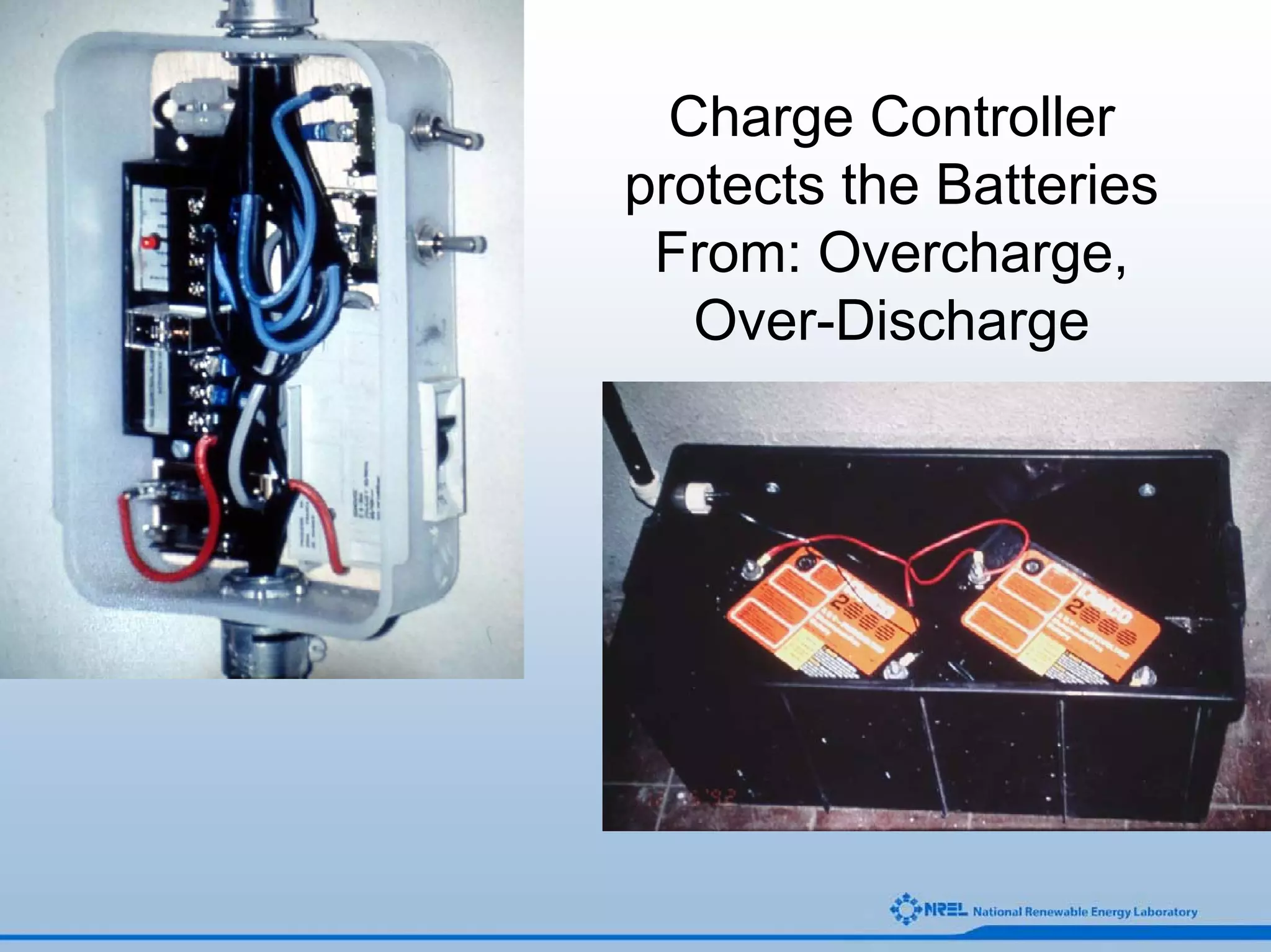 Charge Controller
protects the Batteries
 From: Overcharge,
   Over-Discharge
 