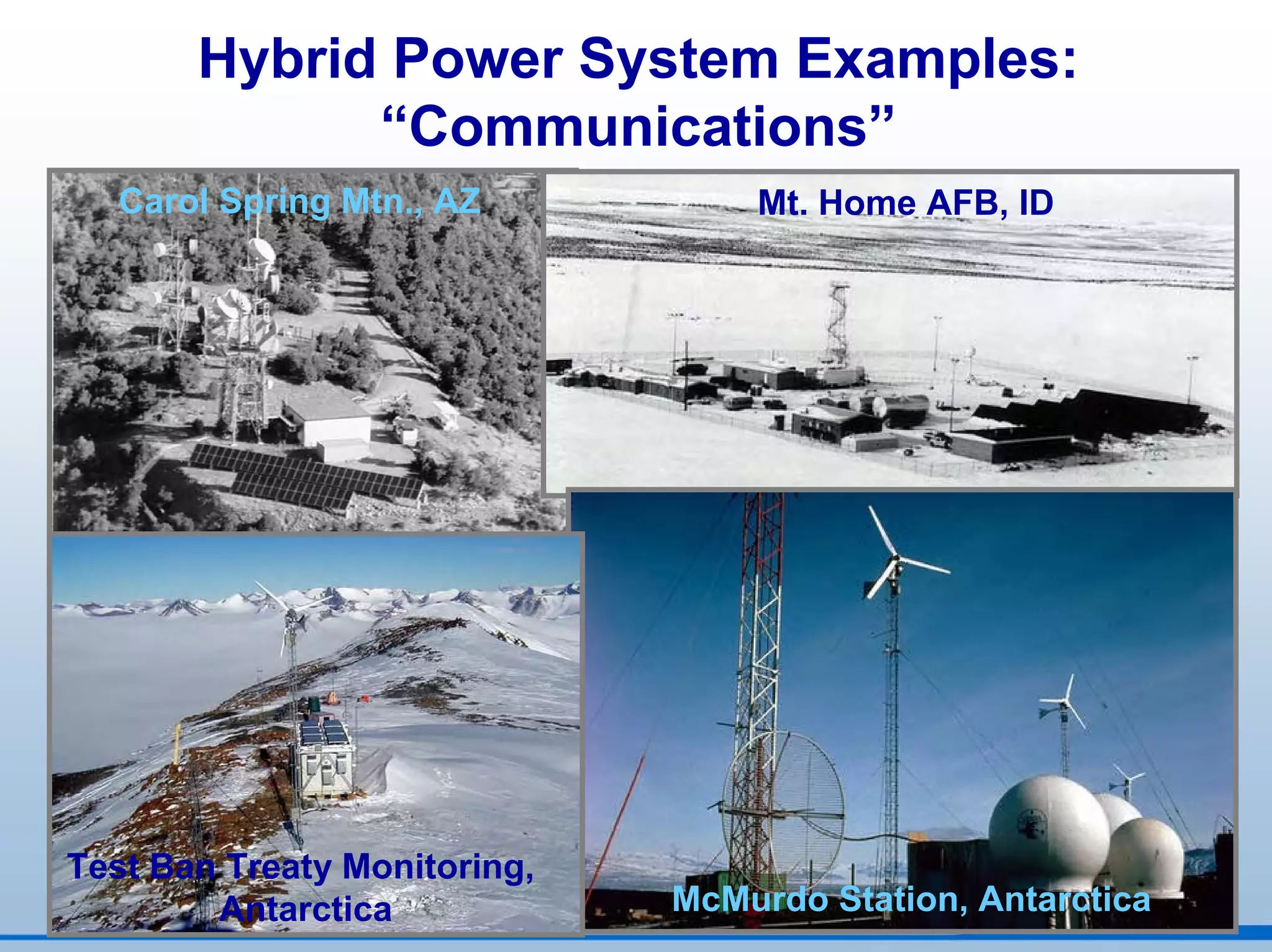 Hybrid Power System Examples:
             “Communications”
  Carol Spring Mtn., AZ           Mt. Home AFB, ID




Test Ban Treaty Monitoring,
        Antarctica            McMurdo Station, Antarctica
 
