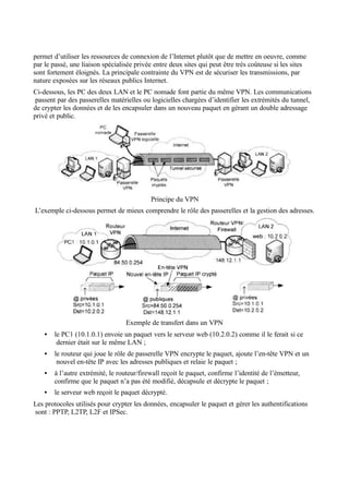 permet d’utiliser les ressources de connexion de l’Internet plutôt que de mettre en oeuvre, comme
par le passé, une liaison spécialisée privée entre deux sites qui peut être très coûteuse si les sites
sont fortement éloignés. La principale contrainte du VPN est de sécuriser les transmissions, par
nature exposées sur les réseaux publics Internet.
Ci-dessous, les PC des deux LAN et le PC nomade font partie du même VPN. Les communications
passent par des passerelles matérielles ou logicielles chargées d’identifier les extrémités du tunnel,
de crypter les données et de les encapsuler dans un nouveau paquet en gérant un double adressage
privé et public.
Principe du VPN
L’exemple ci-dessous permet de mieux comprendre le rôle des passerelles et la gestion des adresses.
Exemple de transfert dans un VPN
• le PC1 (10.1.0.1) envoie un paquet vers le serveur web (10.2.0.2) comme il le ferait si ce
dernier était sur le même LAN ;
• le routeur qui joue le rôle de passerelle VPN encrypte le paquet, ajoute l’en-tête VPN et un
nouvel en-tête IP avec les adresses publiques et relaie le paquet ;
• à l’autre extrémité, le routeur/firewall reçoit le paquet, confirme l’identité de l’émetteur,
confirme que le paquet n’a pas été modifié, décapsule et décrypte le paquet ;
• le serveur web reçoit le paquet décrypté.
Les protocoles utilisés pour crypter les données, encapsuler le paquet et gérer les authentifications
sont : PPTP, L2TP, L2F et IPSec.
 