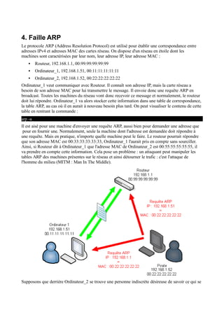 4. Faille ARP
Le protocole ARP (Address Resolution Protocol) est utilisé pour établir une correspondance entre
adresses IPv4 et adresses MAC des cartes réseau. On dispose d'un réseau en étoile dont les
machines sont caractérisées par leur nom, leur adresse IP, leur adresse MAC :
• Routeur, 192.168.1.1, 00:99:99:99:99:99
• Ordinateur_1, 192.168.1.51, 00:11:11:11:11:11
• Ordinateur_2, 192.168.1.52, 00:22:22:22:22:22
Ordinateur_1 veut communiquer avec Routeur. Il connaît son adresse IP, mais la carte réseau a
besoin de son adresse MAC pour lui transmettre le message. Il envoie donc une requête ARP en
broadcast. Toutes les machines du réseau vont donc recevoir ce message et normalement, le routeur
doit lui répondre. Ordinateur_1 va alors stocker cette information dans une table de correspondance,
la table ARP, au cas où il en aurait à nouveau besoin plus tard. On peut visualiser le contenu de cette
table en rentrant la commande :
arp -a
Il est aisé pour une machine d'envoyer une requête ARP, aussi bien pour demander une adresse que
pour en fournir une. Normalement, seule la machine dont l'adresse est demandée doit répondre à
une requête. Mais en pratique, n'importe quelle machine peut le faire. Le routeur pourrait répondre
que son adresse MAC est 00:33:33:33:33:33, Ordinateur_1 l'aurait pris en compte sans sourciller.
Ainsi, si Routeur dit à Ordinateur_1 que l'adresse MAC de Ordinateur_2 est 00:55:55:55:55:55, il
va prendre en compte cette information. Cela pose un problème : un attaquant peut manipuler les
tables ARP des machines présentes sur le réseau et ainsi détourner le trafic : c'est l'attaque de
l'homme du milieu (MITM : Man In The Middle).
Supposons que derrière Ordinateur_2 se trouve une personne indiscrète désireuse de savoir ce qui se
 
