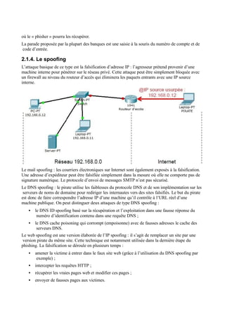 où le « phisher » pourra les récupérer.
La parade proposée par la plupart des banques est une saisie à la souris du numéro de compte et de
code d’entrée.
2.1.4. Le spoofing
L’attaque basique de ce type est la falsification d’adresse IP : l’agresseur prétend provenir d’une
machine interne pour pénétrer sur le réseau privé. Cette attaque peut être simplement bloquée avec
un firewall au niveau du routeur d’accès qui éliminera les paquets entrants avec une IP source
interne.
Le mail spoofing : les courriers électroniques sur Internet sont également exposés à la falsification.
Une adresse d’expéditeur peut être falsifiée simplement dans la mesure où elle ne comporte pas de
signature numérique. Le protocole d’envoi de messages SMTP n’est pas sécurisé.
Le DNS spoofing : le pirate utilise les faiblesses du protocole DNS et de son implémentation sur les
serveurs de noms de domaine pour rediriger les internautes vers des sites falsifiés. Le but du pirate
est donc de faire correspondre l’adresse IP d’une machine qu’il contrôle à l’URL réel d’une
machine publique. On peut distinguer deux attaques de type DNS spoofing :
• le DNS ID spoofing basé sur la récupération et l’exploitation dans une fausse réponse du
numéro d’identification contenu dans une requête DNS ;
• le DNS cache poisoning qui corrompt (empoisonne) avec de fausses adresses le cache des
serveurs DNS.
Le web spoofing est une version élaborée de l’IP spoofing : il s’agit de remplacer un site par une
version pirate du même site. Cette technique est notamment utilisée dans la dernière étape du
phishing. La falsification se déroule en plusieurs temps :
• amener la victime à entrer dans le faux site web (grâce à l’utilisation du DNS spoofing par
exemple) ;
• intercepter les requêtes HTTP ;
• récupérer les vraies pages web et modifier ces pages ;
• envoyer de fausses pages aux victimes.
 