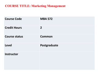 Course Code MBA 572
Credit Hours 2
Course status Common
Level Postgraduate
Instructor
COURSE TITLE: Marketing Management
 