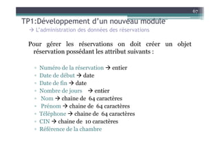 67

TP1:Développement d’un nouveau module
   L’administration des données des réservations

 Pour gérer les réservations on doit créer un objet
  réservation possédant les attribut suivants :

   ▫   Numéro de la réservation entier
   ▫   Date de début date
   ▫   Date de fin date
   ▫   Nombre de jours     entier
   ▫   Nom chaine de 64 caractères
   ▫   Prénom chaine de 64 caractères
   ▫   Téléphone chaine de 64 caractères
   ▫   CIN chaine de 10 caractères
   ▫   Référence de la chambre
 